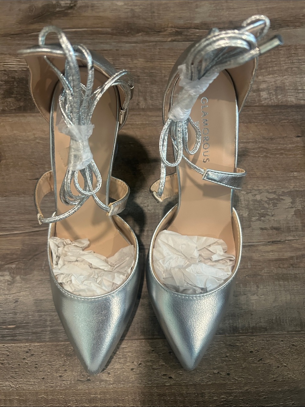 Glamorous Silver Pointed Toe Ankle Tie Stiletto Heels